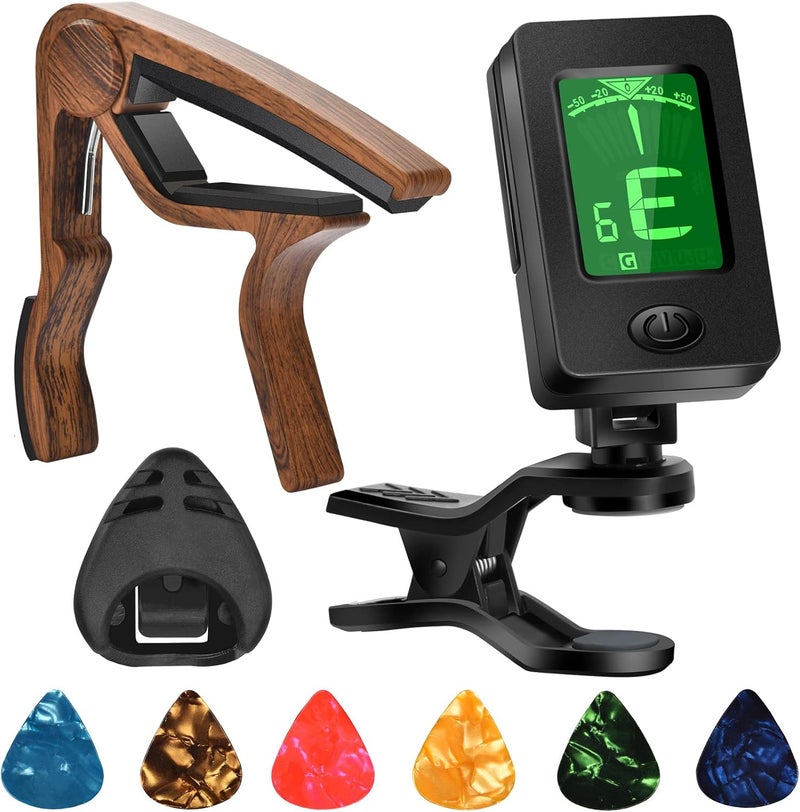 DOMMI Guitar Capo, Guitar Picks, Guitar Accessories with Guitar Tuner, Capo for Acoustic Guitar, Bass, Buzzing-Free, Quick Release, Guitar Tuner Clip on for Guitar, Violin, Bass, Ukulele Chromatic, Rosewood - Image 1